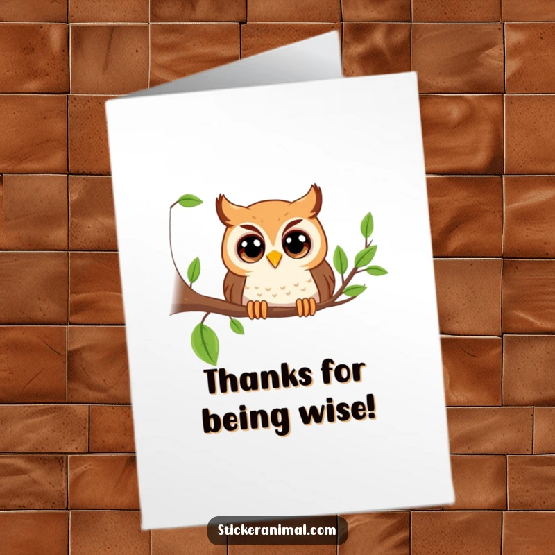 Funny Free Printable Thank You Card: Playful owl with large eyes peeking from a branch, conveying thanks with a wise gaze.