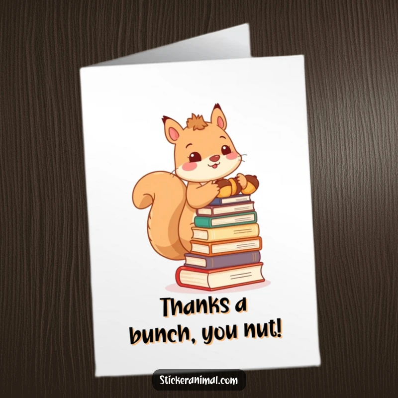 Funny free printable thank you card: A determined squirrel precariously balances a tall stack of acorns like books.