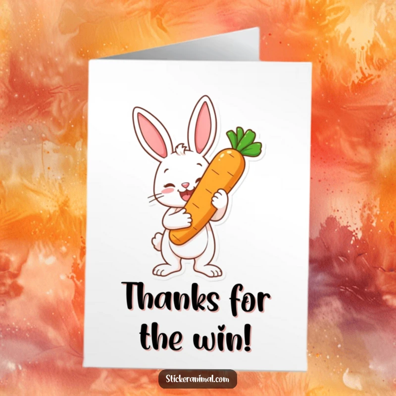 Funny Free Printable Thank You Card: A happy bunny holds a large carrot trophy, expressing thanks proudly.
