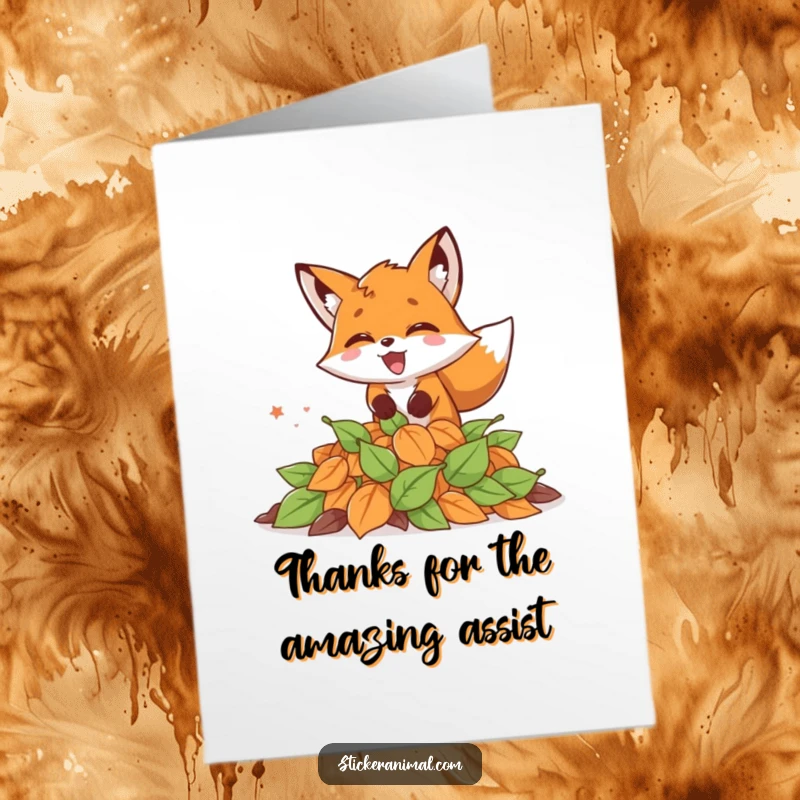 Funny Free Printable Thank You Card: An excited fox playfully pounces on leaves, offering a cheerful thank you.