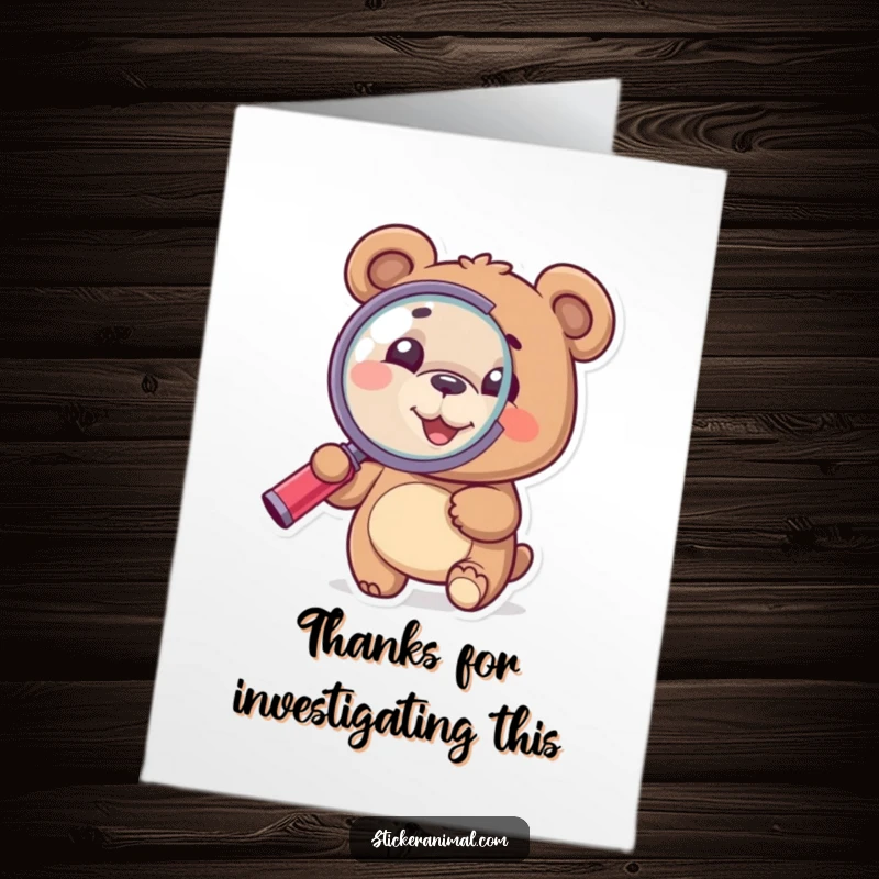 Funny free printable thank you card: A happy bear holds a large magnifying glass, looking intensely curious. Perfect for thanking the observant.