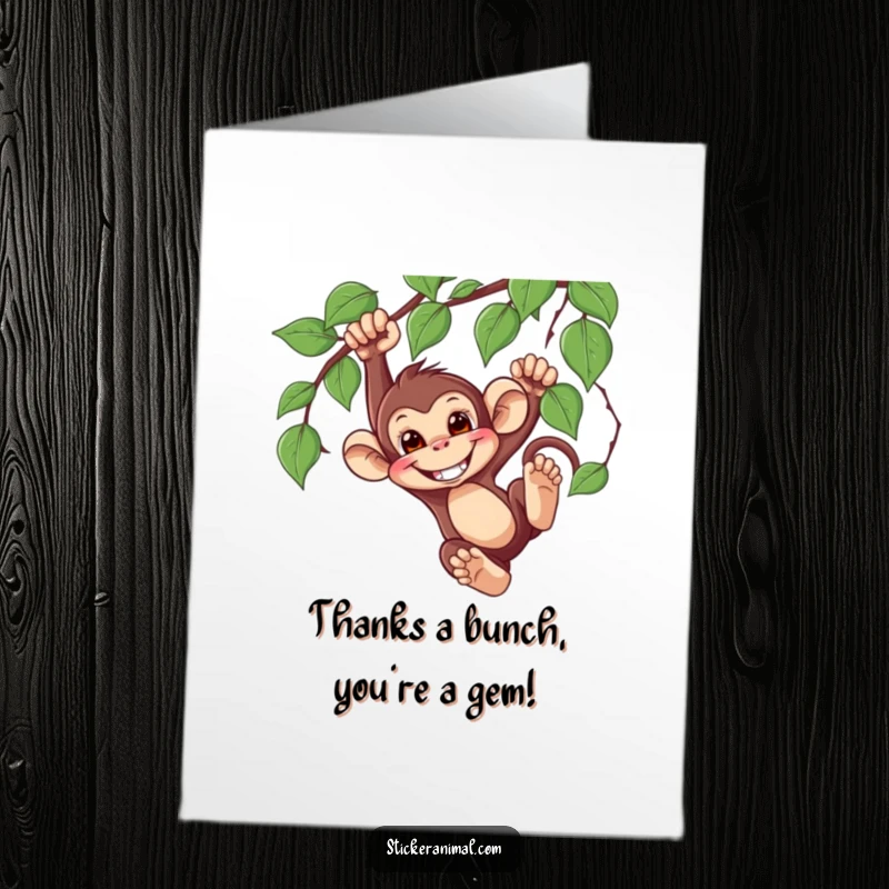 Funny Free Printable Thank You card with a mischievous monkey character mid-swing, offering thanks with a cheeky, wide grin.