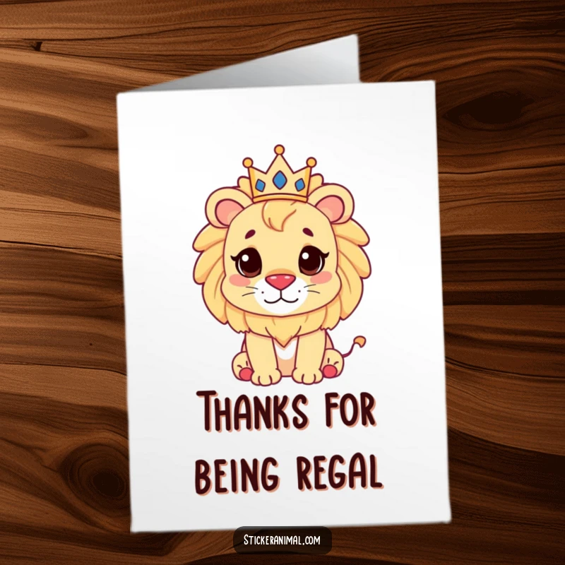 Funny Free Printable Thank You Card: A cute lion with a tiny crown conveys majestic gratitude with a gentle smile.