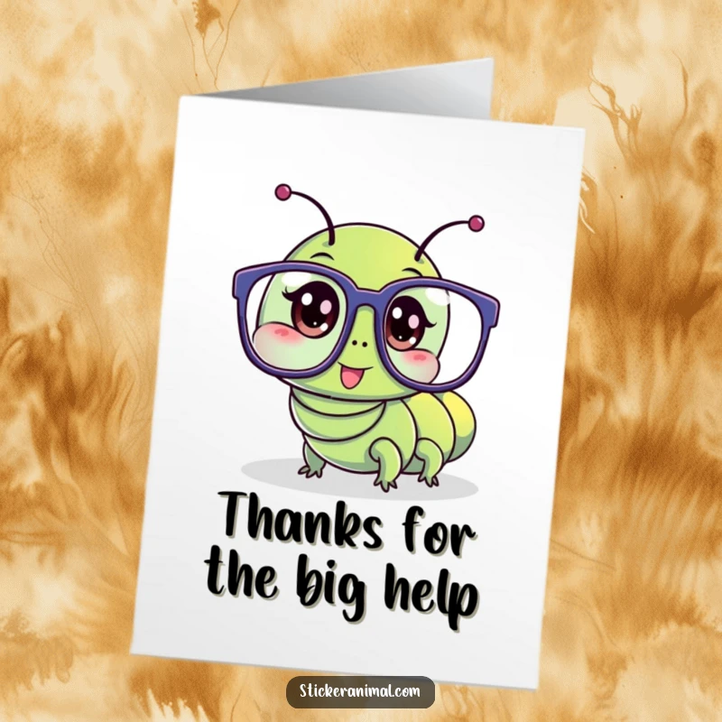 Funny free printable thank you card featuring a caterpillar comically attempting to wear oversized glasses, adding a humorous touch to gratitude.