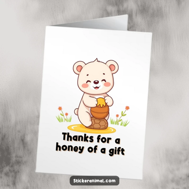 Funny Free Printable Thank You Card: A happy bear cub balancing a honey pot offers a sweet gesture of thanks.