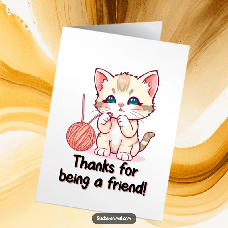 Funny Free Printable Thank You Card: A curious kitten batting at yarn shows appreciation with playful charm.