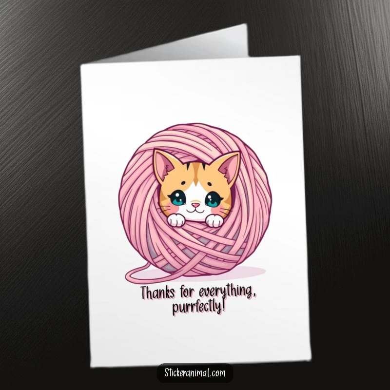 Funny Free Printable Thank You Card: A curious cat is tangled in yarn, hilariously expressing gratitude for your kindness.
