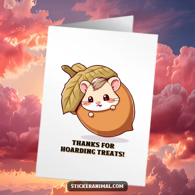 Funny Free Printable Thank You Card: A mischievous hamster peeks from behind a giant acorn, sharing a secret thanks.