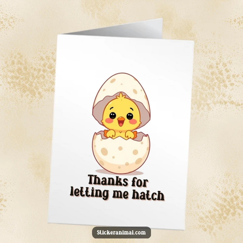 Funny Free Printable Thank You Card: Surprised chick joyfully hatches from a giant speckled egg, expressing delight and thanks.
