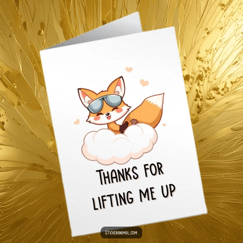 Funny free printable thank you card: A smiling fox pilots a fluffy cloud through a magical sky. Perfect for expressing gratitude.