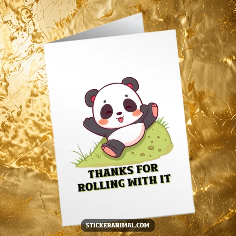 Funny Free Printable Thank You Card: Playful panda bear tumbles down a grassy hill, expressing gratitude with a smile.
