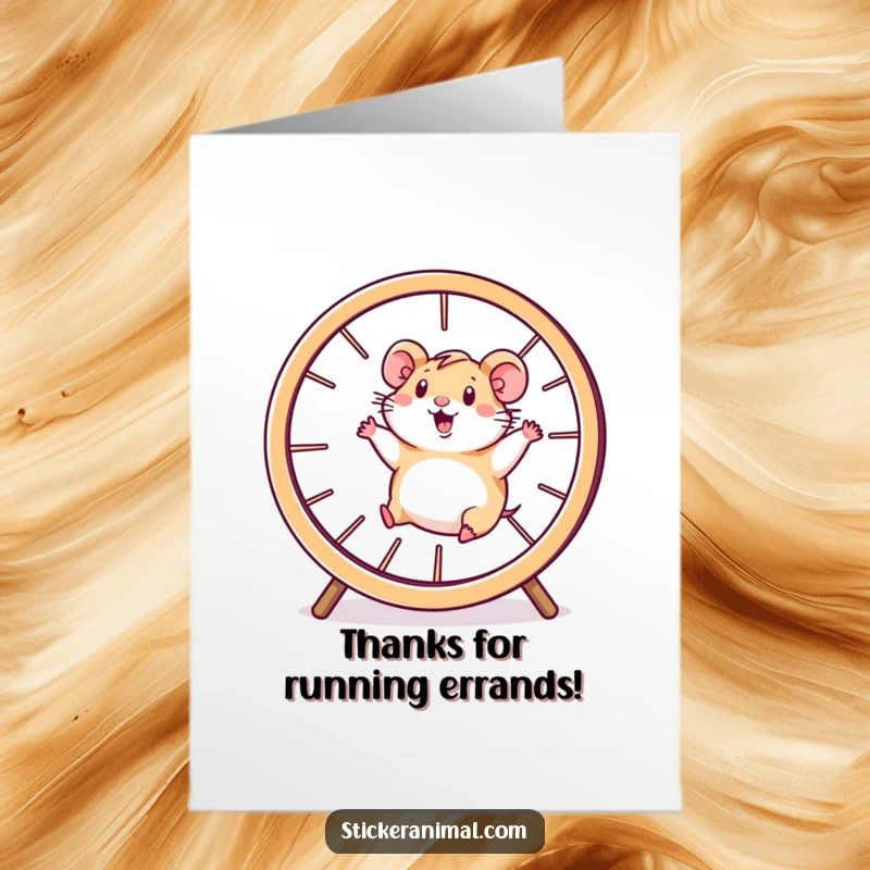 Funny Free Printable Thank You Card: A happy hamster character running furiously inside a large spinning wheel, conveying thanks.