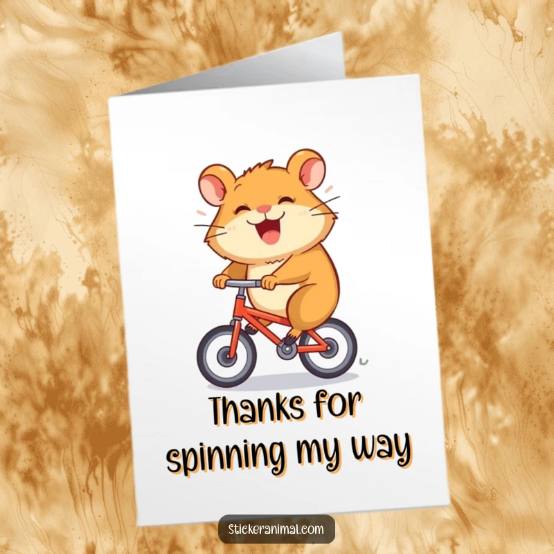 Funny free printable thank you card featuring a grinning hamster spinning rapidly on a bicycle, conveying thanks with a humorous, energetic vibe.