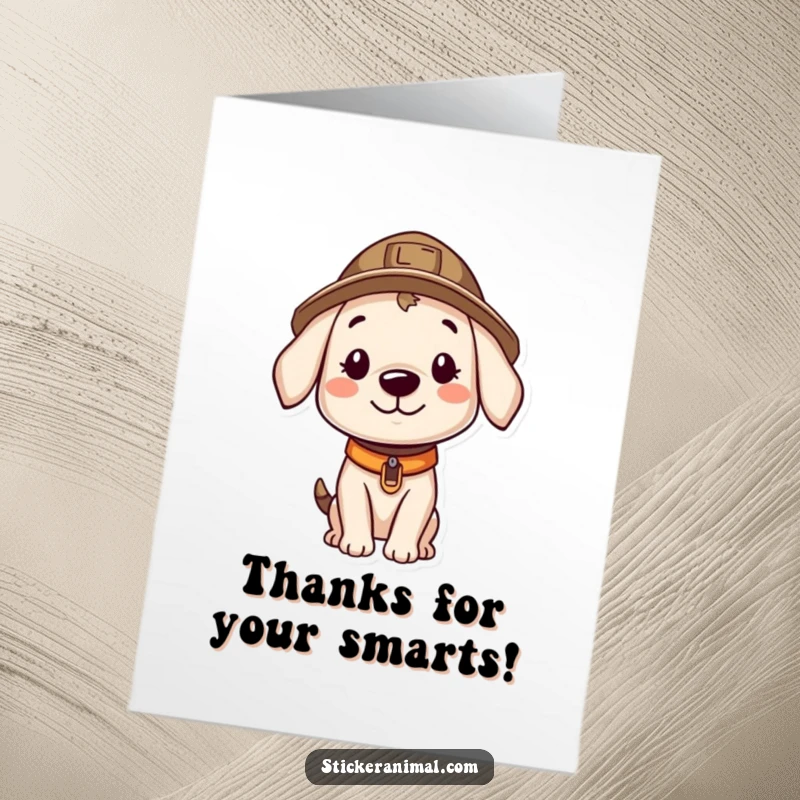 Funny Free Printable Thank You Card: A smiling puppy explorer in a hat, looking curious while expressing thanks.