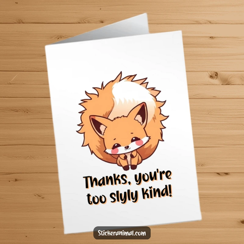 Funny Free Printable Thank You card with a cheeky fox character peeking out from its bushy tail, offering thanks subtly.