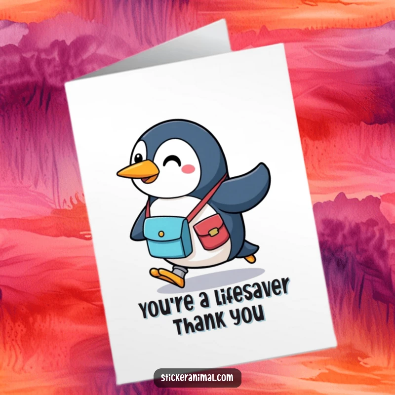 Funny Free Printable Thank You Card: A penguin with a messenger bag running to deliver heartfelt thanks with enthusiasm and speed.