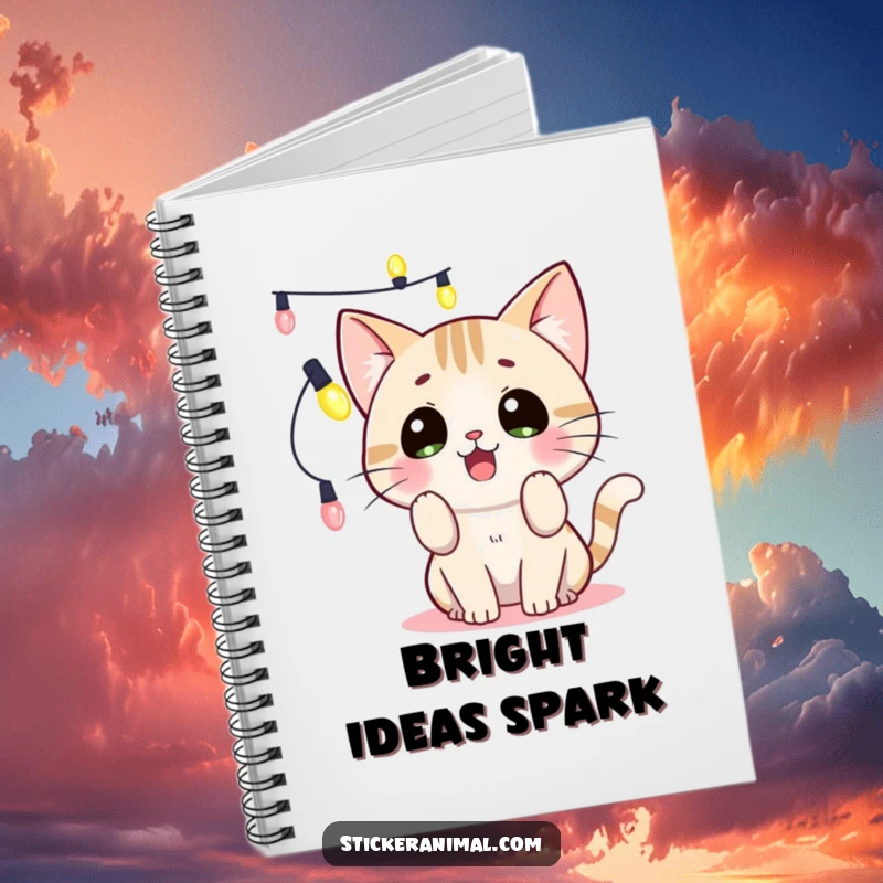 Funny surprised cat batting at string lights on a notebook cover, inspiring playful notes and humor, perfect for a funny gift.