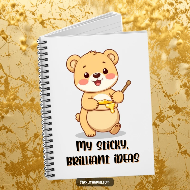 Funny notebook cover showing a happy bear cub balancing a pot of honey, inspiring sweet thoughts and smiles.