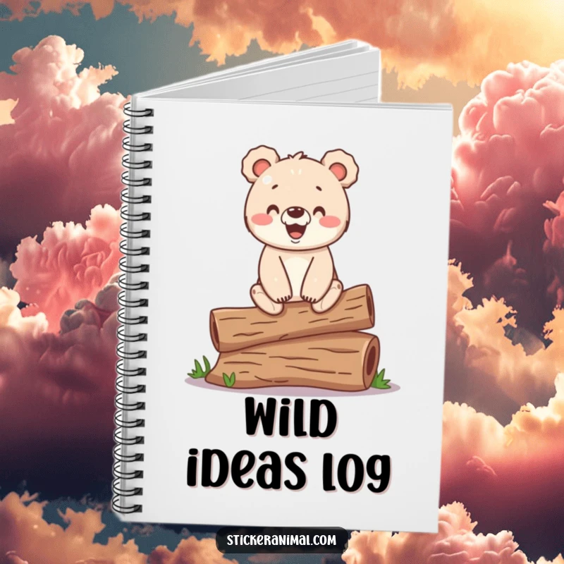 Funny notebook with a happy bear cub balancing on a log, ideal for capturing ideas with woodland humor.