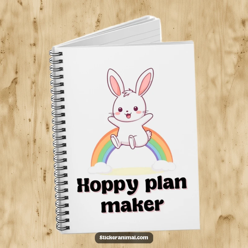 Funny notebook with a happy bunny hopping over a rainbow, ideal for capturing ideas with whimsical charm.