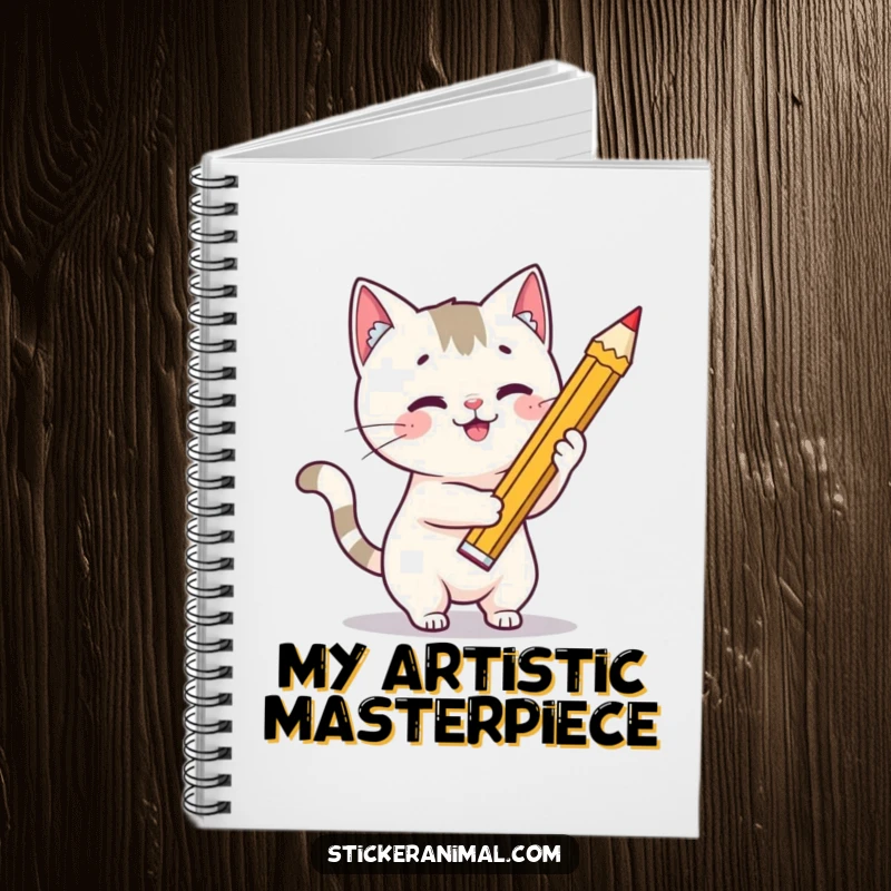 Funny cat artist notebook with a playful cat character using a giant pencil to draw a star, perfect for your sketches.