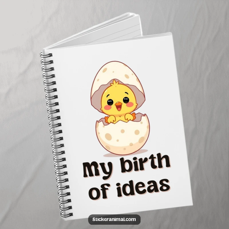 Funny notebook with a surprised chick hatching from a giant speckled egg with delight, perfect for jotting notes.