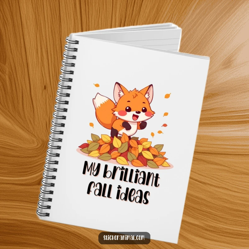 Funny notebook cover featuring a jubilant fox leaping into a mound of autumn leaves, inspiring creativity and laughter.
