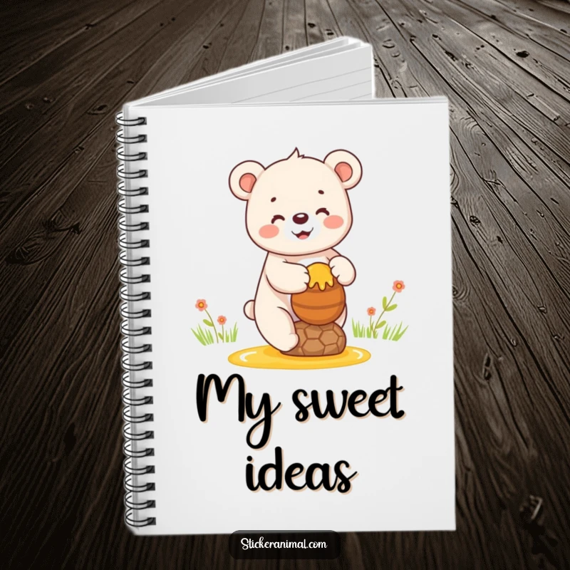 Funny notebook cover with a happy bear cub balancing a pot of honey, perfect for notes and sweet ideas.