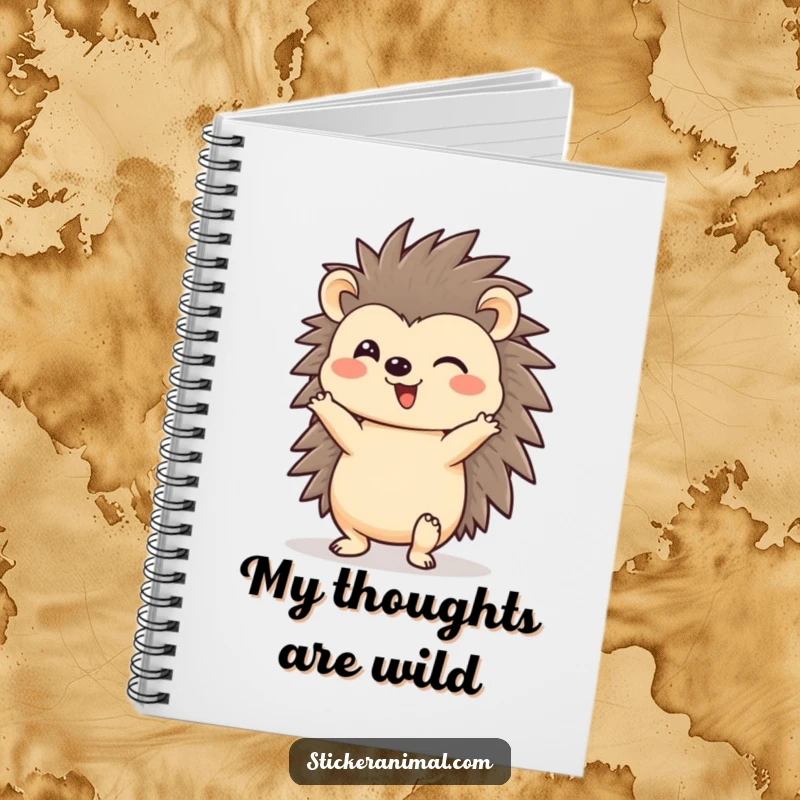 Funny hedgehog in a headstand pose on a notebook cover, inspiring creativity with its cheerful and humorous design, perfect for a funny gift.