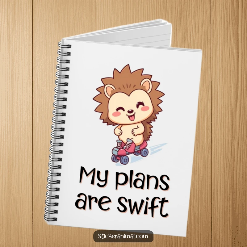 Funny hedgehog character on a notebook, wearing roller skates and zipping by, ready for notes.