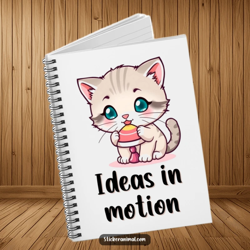 Funny notebook with a playful kitten balancing a spinning top on its nose, perfect for jotting down thoughts and creative ideas.