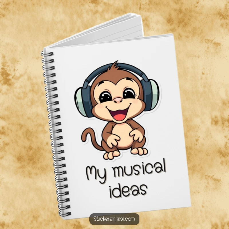 Funny notebook with a playful monkey character wearing oversized headphones, bopping its head to music.