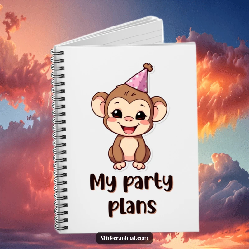 Funny monkey character wearing a party hat, writing in a notebook with party decorations.
