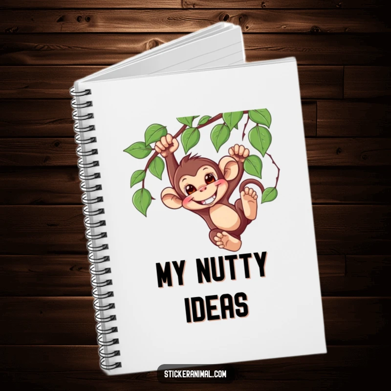 Funny Monkey Swinging Notebook featuring a mischievous monkey character swinging from a vine, ideal for humorous note-taking and journaling.