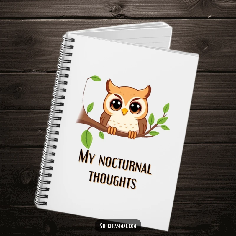 Funny playful owl with big eyes peeking from a branch on a notebook cover, inspiring curious notes and wisdom, perfect for a funny gift.