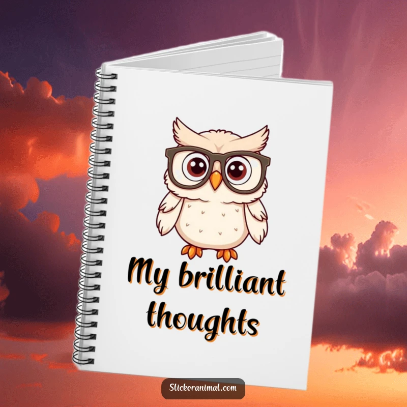 Funny owl character wearing large spectacles and looking surprised on a notebook cover, encouraging wise and humorous entries.