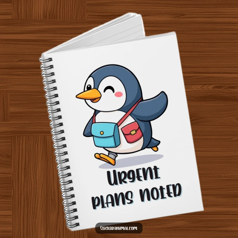 Funny penguin notebook cover with a cheerful character carrying a messenger bag, running to capture notes and ideas with energetic style.