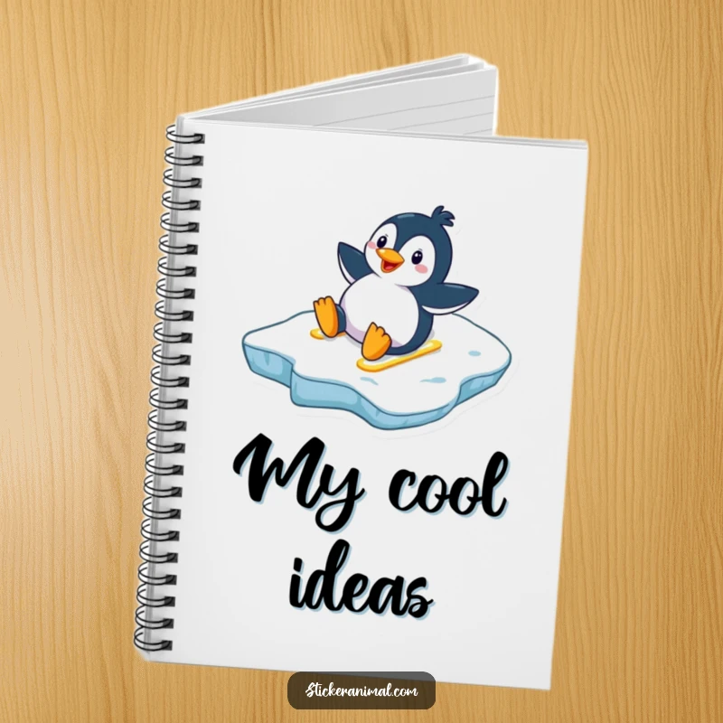 Funny penguin notebook showing a happy penguin sliding down an icy slope, perfect for capturing ideas with winter cheer.