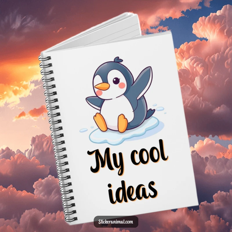 Funny Penguin Slide Notebook featuring a joyful penguin character sliding on ice with a smile, perfect for humorous journaling and note-taking.