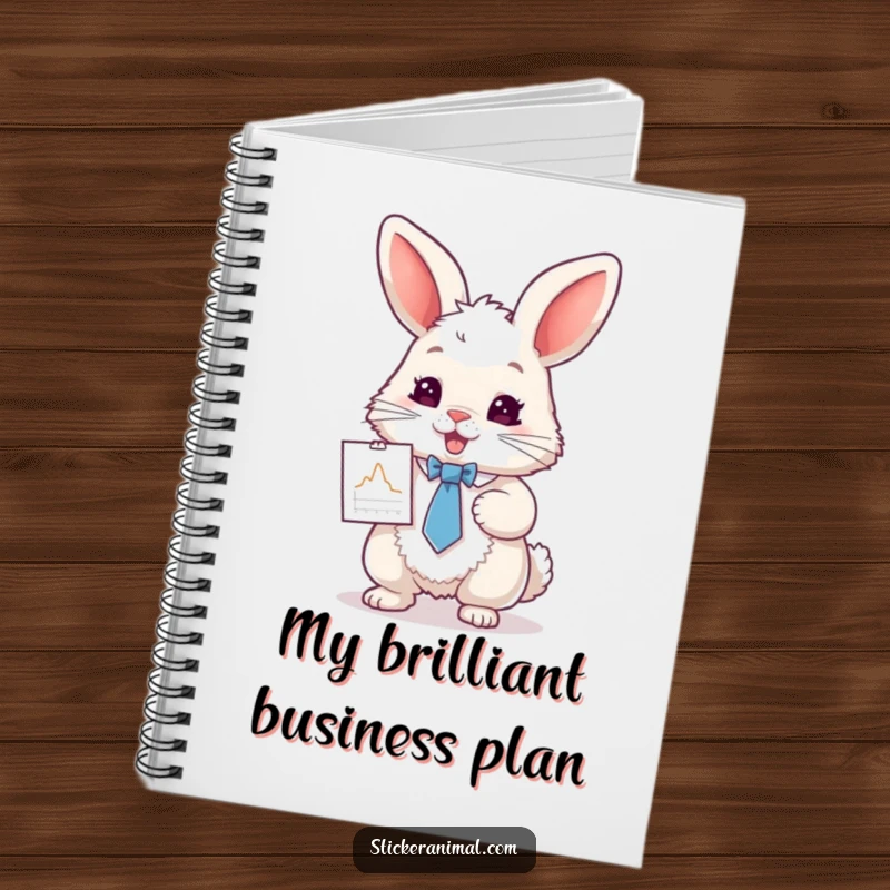 Funny notebook with a fluffy rabbit in a tie, enthusiastically presenting a tiny graph, perfect for jotting down business ideas.