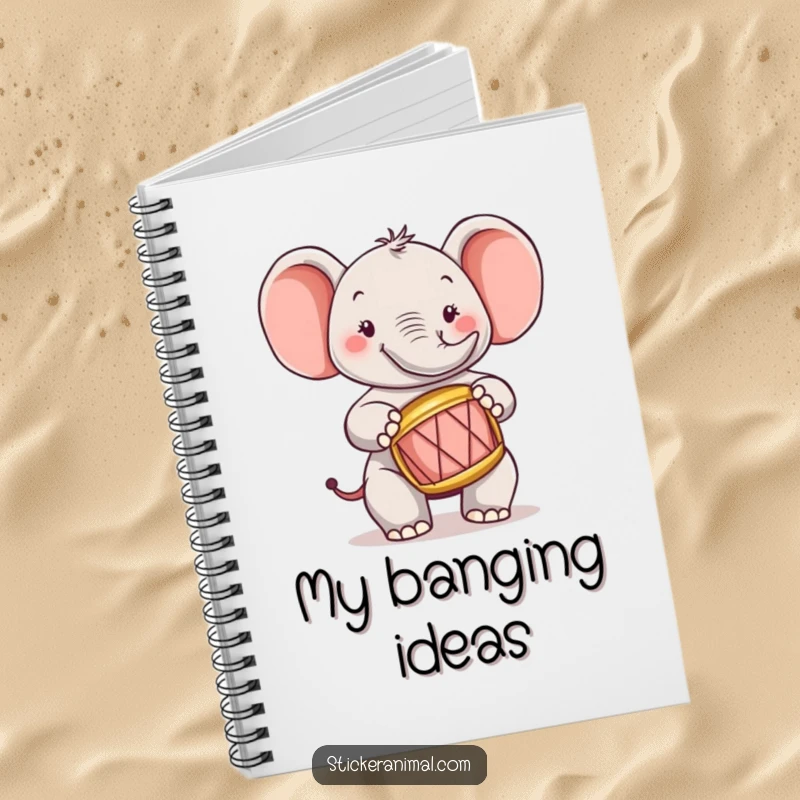 Funny elephant character busy writing musical notes in a notebook while holding a tiny drum.
