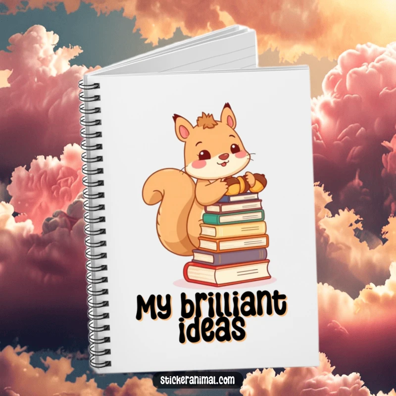 Funny notebook with a cute squirrel character balancing a stack of acorns like books on its head, perfect for note-taking.