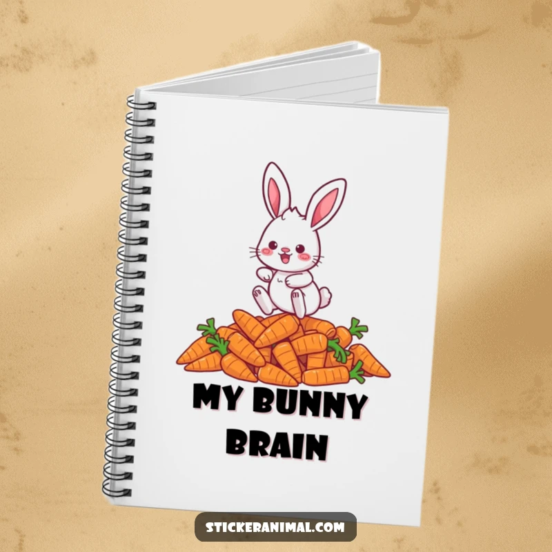 Funny rabbit notebook featuring a playful character hopping over carrots, inspiring joyful thoughts and creative ideas.