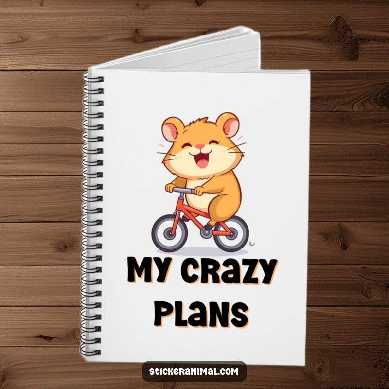 Funny notebook features a grinning hamster character spinning rapidly on a tiny bicycle, perfect for journaling.