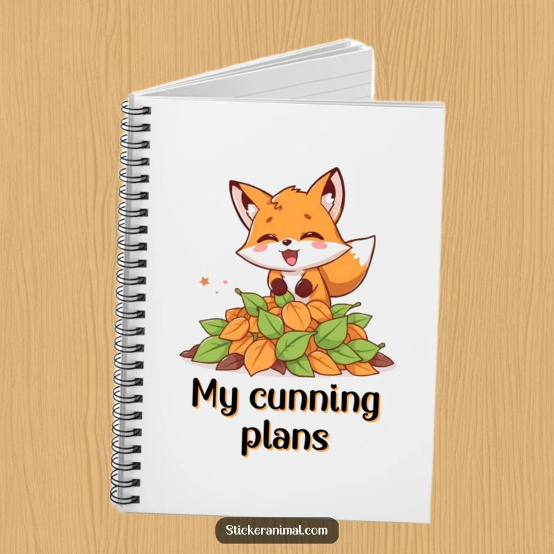Funny notebook cover with an excited fox leaping into autumn leaves, perfect for jotting down seasonal thoughts.