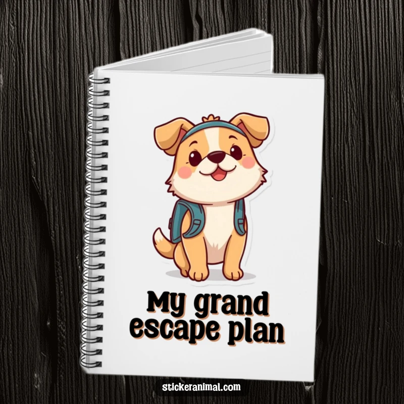 Funny dog with a backpack on a notebook cover, ready for new adventures and note-taking. Ideal for students.