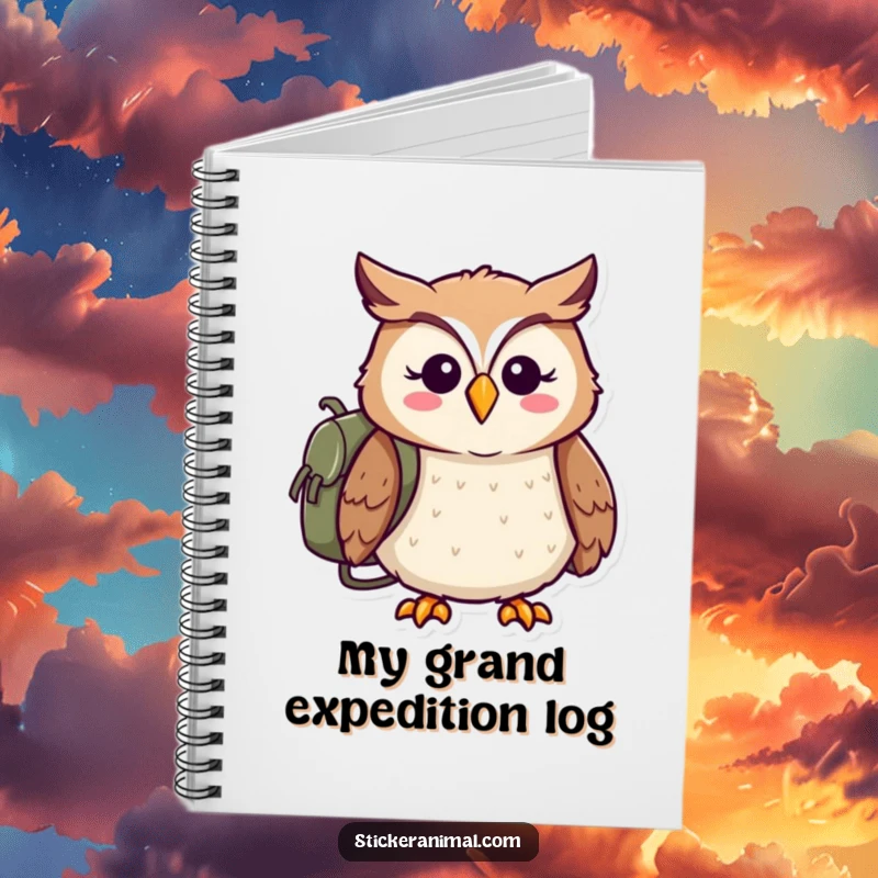Funny notebook with a cheerful owl wearing a backpack, ready for adventure, perfect for jotting down plans.