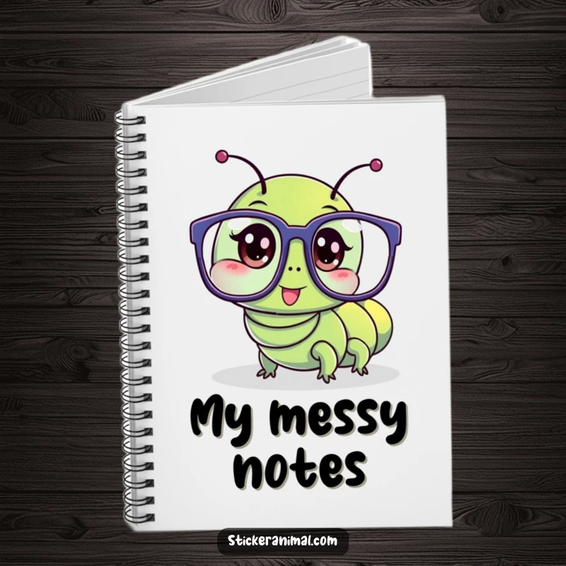 Funny notebook features a wriggling caterpillar character hilariously wearing oversized glasses, perfect for journaling.