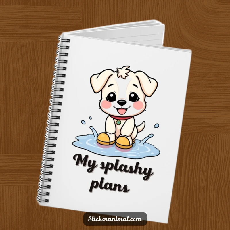 Funny notebook featuring a happy puppy wearing tiny boots, splashing in puddles, perfect for jotting down notes and inspiring adventures.