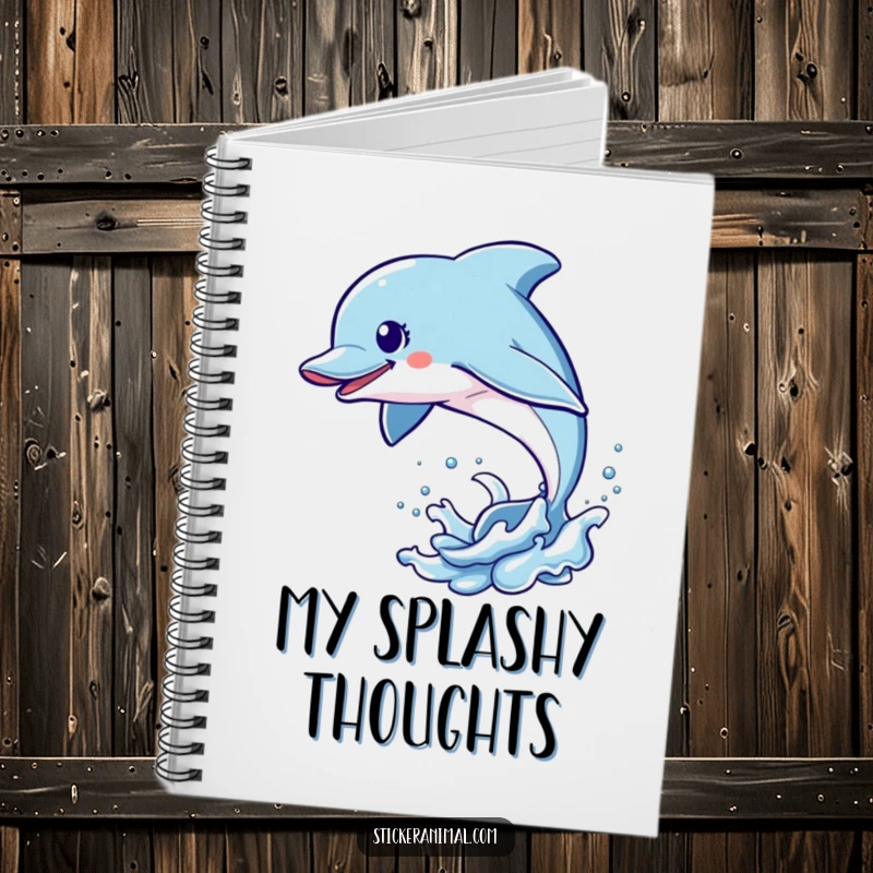 Funny Dolphin Leap Notebook featuring an energetic dolphin character leaping out of the water, perfect for humorous journaling and note-taking.